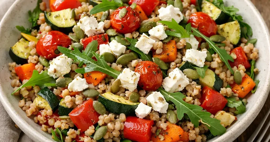 Amanida de fajol amb verdures rostides i feta
