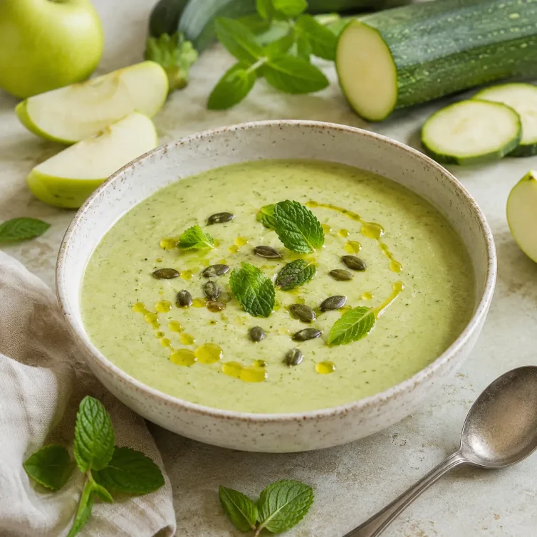 Crema fría de calabacín, manzana y menta