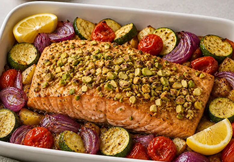salmó al forn amb crosta de festucs llimona i verdures