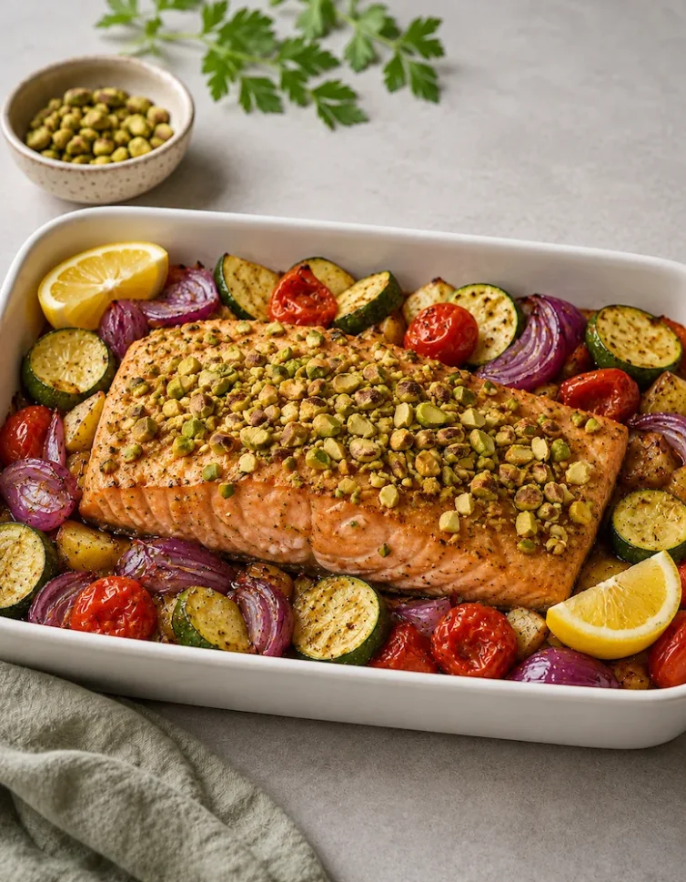 Salmón al horno con costra de pistachos, limón y verduras