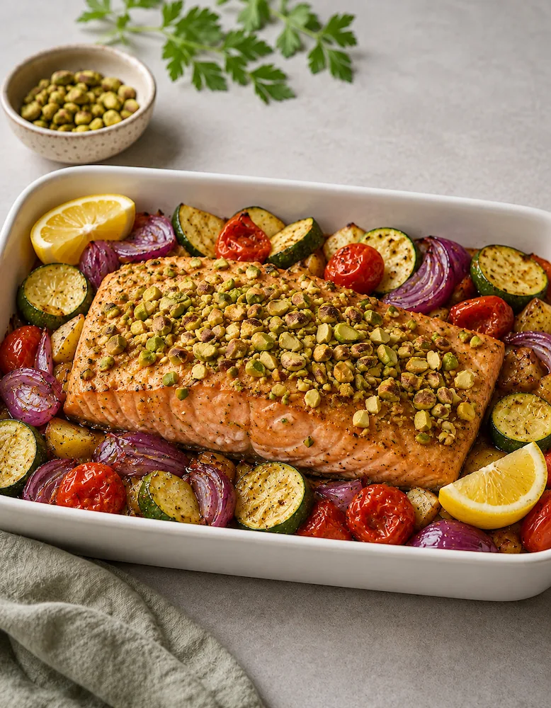 salmó al forn amb crosta de festucs llimona i verdures